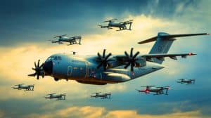 Illustration de l'Airbus A400M équipé pour les missions de drones et de brouillage électronique, générée par intelligence artificielle.