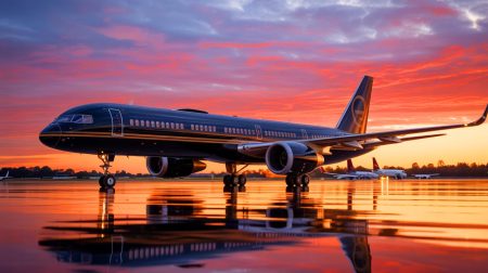 Illustration de l'intérieur luxueux du Boeing 757 privé de Donald Trump. Image réalisée par IA.