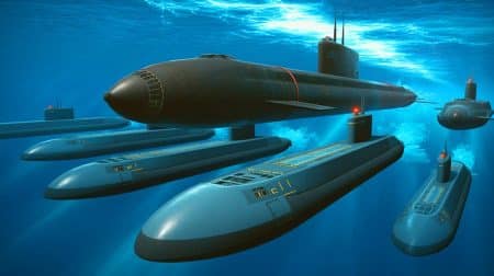 Illustration de sous-marins nucléaires lanceurs d'engins patrouillant en eaux profondes, générée par intelligence artificielle.