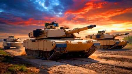 Illustration de l'évolution technologique des tanks M1 Abrams dans l'armée américaine. Image réalisée par IA.