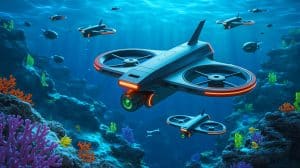 Illustration de la surveillance maritime par drones sous-marins. Image réalisée par IA.