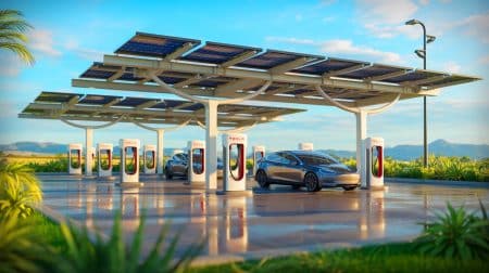 Illustration de Superchargers Oasis de Tesla, des stations de recharge autonomes et écologiques. Image réalisée par IA.