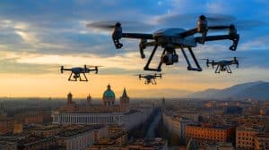Illustration de drones supposés russes survolant un centre de recherche stratégique en Italie.