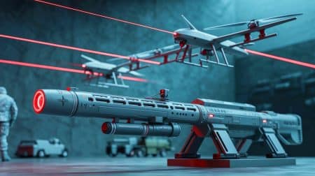 Illustration de la présentation russe d'un prototype de fusil laser destiné à neutraliser les drones, générée par intelligence artificielle.