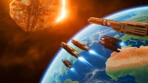 Illustration de la menace potentielle des astéroïdes géocroiseurs sur la Terre, générée par intelligence artificielle.