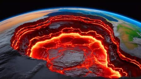 Illustration de la formation d'un océan de magma basal sous la Terre, générée par intelligence artificielle.