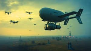 Illustration de l'Ukraine utilisant un ballon captif pour contrer les drones Shahed, générée par intelligence artificielle.