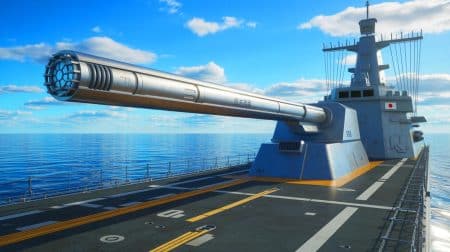 Illustration de l'installation d'un railgun sur le navire de guerre japonais JS Asuka. Image réalisée par IA.