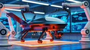 Illustration de mini drones de combat imprimés en 3D et déployés rapidement par l'armée américaine. Image réalisée par IA.