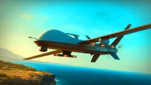 Illustration de la surveillance stratégique par le drone R2-600 validé par l'armée française. Image réalisée par IA.