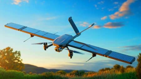 « Un drone solaire qui vole pendant des mois » : Thales et Skydweller révolutionnent la surveillance avec une technologie inédite Illustration d'un drone solaire de surveillance maritime développé par Thales et Skydweller, générée par intelligence artificielle.