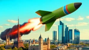 Illustration de la menace des missiles russes Sarmat sur les capitales européennes. Image réalisée par IA.