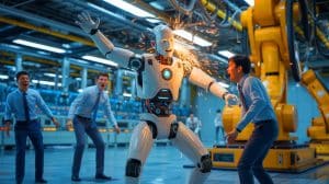 Illustration de robots humanoïdes perdant le contrôle lors d'un test, générée par intelligence artificielle.