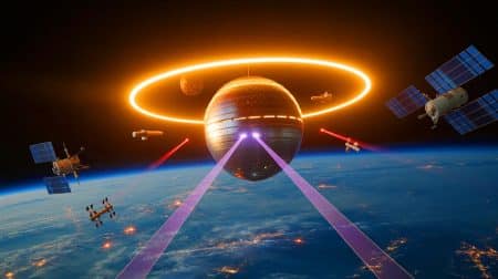 Illustration de la défense spatiale américaine Golden Dome, générée par intelligence artificielle.
