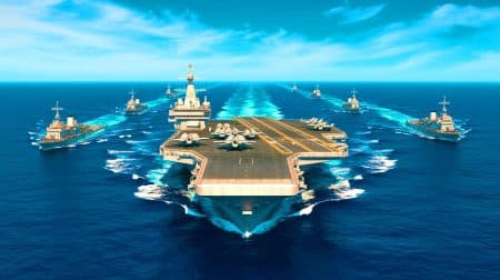 Illustration de la manœuvre stratégique du porte-avions chinois Liaoning dans le Pacifique occidental. Image réalisée par IA.