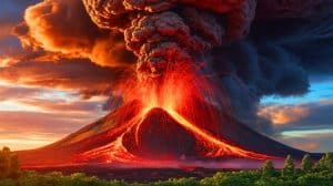 Illustration d'une super éruption volcanique potentielle et de ses effets climatiques, générée par intelligence artificielle.
