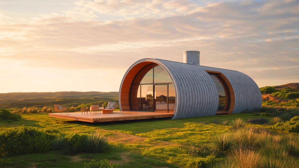 Illustration de la transformation d'une turbine d'éolienne en tiny house écologique. Image réalisée par IA.