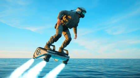 Illustration de la traversée de la Manche par Franky Zapata sur son Flyboard Air, générée par intelligence artificielle.