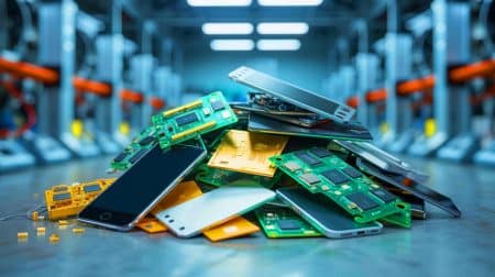 Illustration de l'extraction d'or à partir de déchets électroniques, générée par intelligence artificielle.