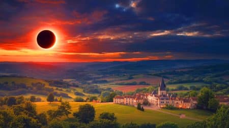 Illustration de l'attente de la prochaine éclipse solaire totale en France, générée par intelligence artificielle.