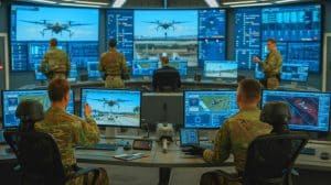 Illustration de l'exercice de lutte antidrone au Bourget avec coordination entre l'armée et les forces de sécurité. Image réalisée par IA.