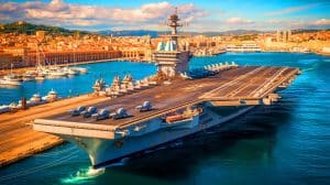 Illustration de l'USS Gerald R. Ford accosté à Marseille, symbolisant la coopération franco-américaine.