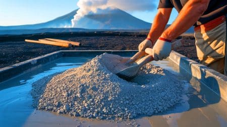 Illustration de l'utilisation de cendres volcaniques pour créer un ciment écologique à faible empreinte carbone.
