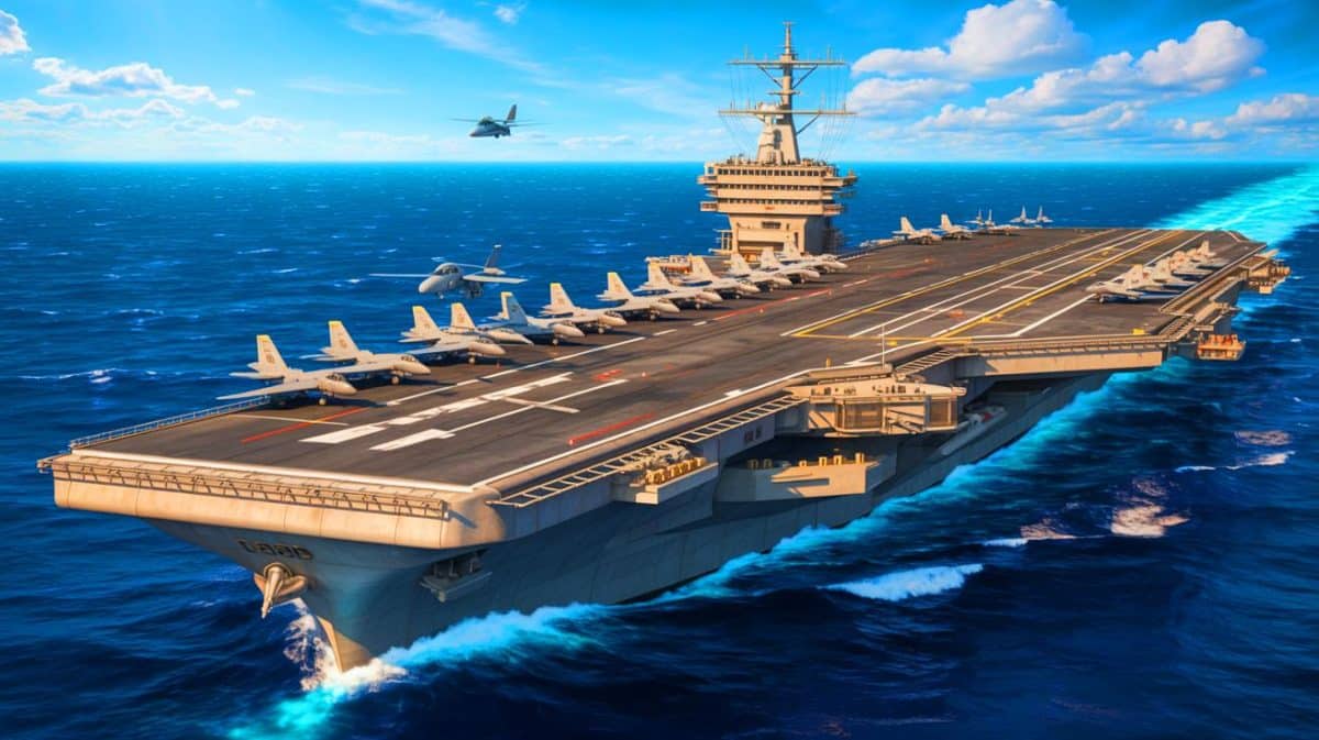 Illustration de l'USS Gerald R. Ford, le plus grand porte-avions du monde, symbole de la puissance militaire américaine.