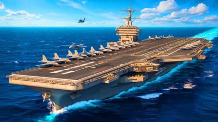 Illustration de l'USS Gerald R. Ford, le plus grand porte-avions du monde, symbole de la puissance militaire américaine.
