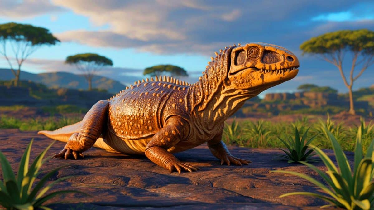 « Ce fossile vieux de 247 millions d’années révèle un reptile miracle » : une découverte spectaculaire qui fascine les paléontologues Illustration de Mirasaura grauvogeli, un reptile arboricole vieux de 247 millions d'années avec une crête dorsale unique.