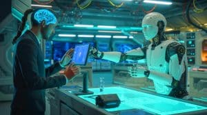 Illustration de l'interface cerveau-ordinateur contrôlant un robot lors du championnat mondial de robots 2025 à Pékin.