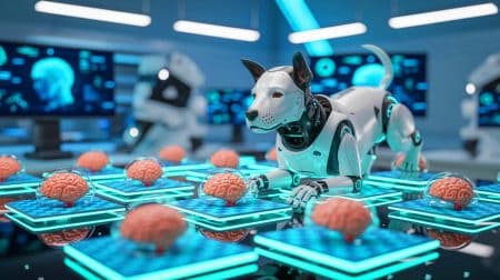 « J’ai vu un chien penser » : des cellules cérébrales cultivées pilotent un robot et pulvérisent les limites de la recherche Alzheimer Illustration de l'utilisation du graphène pour stimuler des organoïdes cérébraux contrôlant un chien robot.