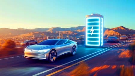 Illustration de l'innovation des batteries à électrolyte solide pour véhicules électriques.