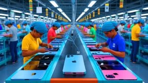 Illustration de la stratégie d'Apple pour diversifier sa production face aux droits de douane américains.