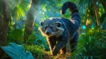 Dans les forêts d’Asie, cet animal à l’odeur de pop-corn caramélisé fascine et divise : « Une bizarrerie de la nature » Illustration de l'odeur unique de pop-corn du binturong et de son habitat menacé par la déforestation.