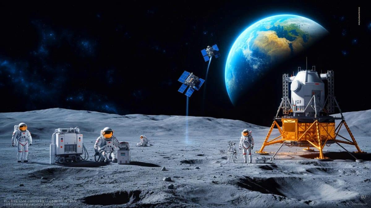 « Demain, des fusées décolleront depuis la Lune, pas la Terre » : une révolution économique grâce à l’absence de gravité bouleverse l’espace Illustration de l'installation d'un propulseur de masse sur la Lune pour l'exploration spatiale.