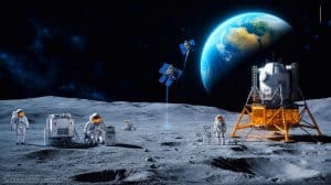 Illustration de l'installation d'un propulseur de masse sur la Lune pour l'exploration spatiale.