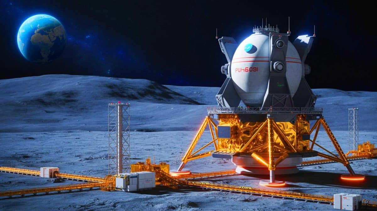 Illustration de la construction envisagée d'une centrale nucléaire chinoise sur la Lune dans le cadre du projet ILRS.