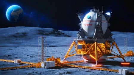 Illustration de la construction envisagée d'une centrale nucléaire chinoise sur la Lune dans le cadre du projet ILRS.