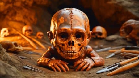 Illustration de la découverte d'un fossile en Israël montrant des traits hybrides de Néandertalien et Homo sapiens.