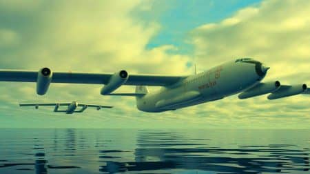 Illustration de l'ékranoplan chinois « Bohai Sea Monster » survolant les eaux à grande vitesse.