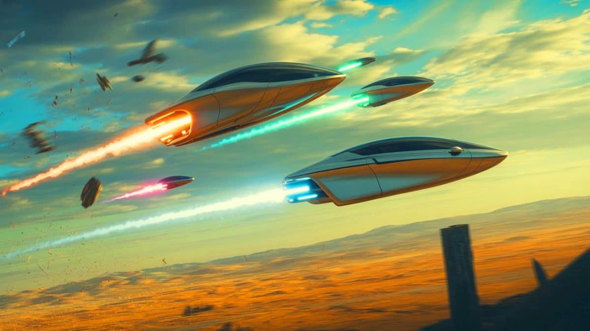 « J’ai vu ces bolides flotter puis s’entre-déchirer » : la toute première course de voitures électriques volantes embrase le ciel Illustration de la première course officielle de voitures volantes en Australie.