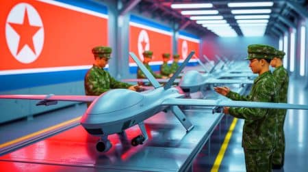 Illustration de la production de masse de drones explosifs en Corée du Nord sous la supervision de Kim Jong-un.