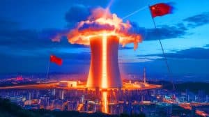Illustration de l'installation du dôme de confinement de 1 000 tonnes sur le réacteur 3 de la centrale nucléaire de Haiyang en Chine.