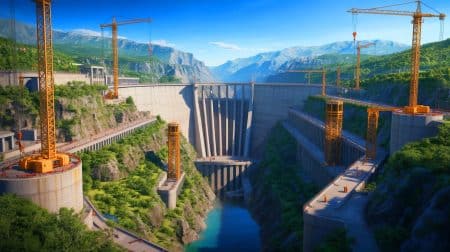 Illustration de la construction du barrage de Motuo sur le Yarlung Tsangpo en Chine.