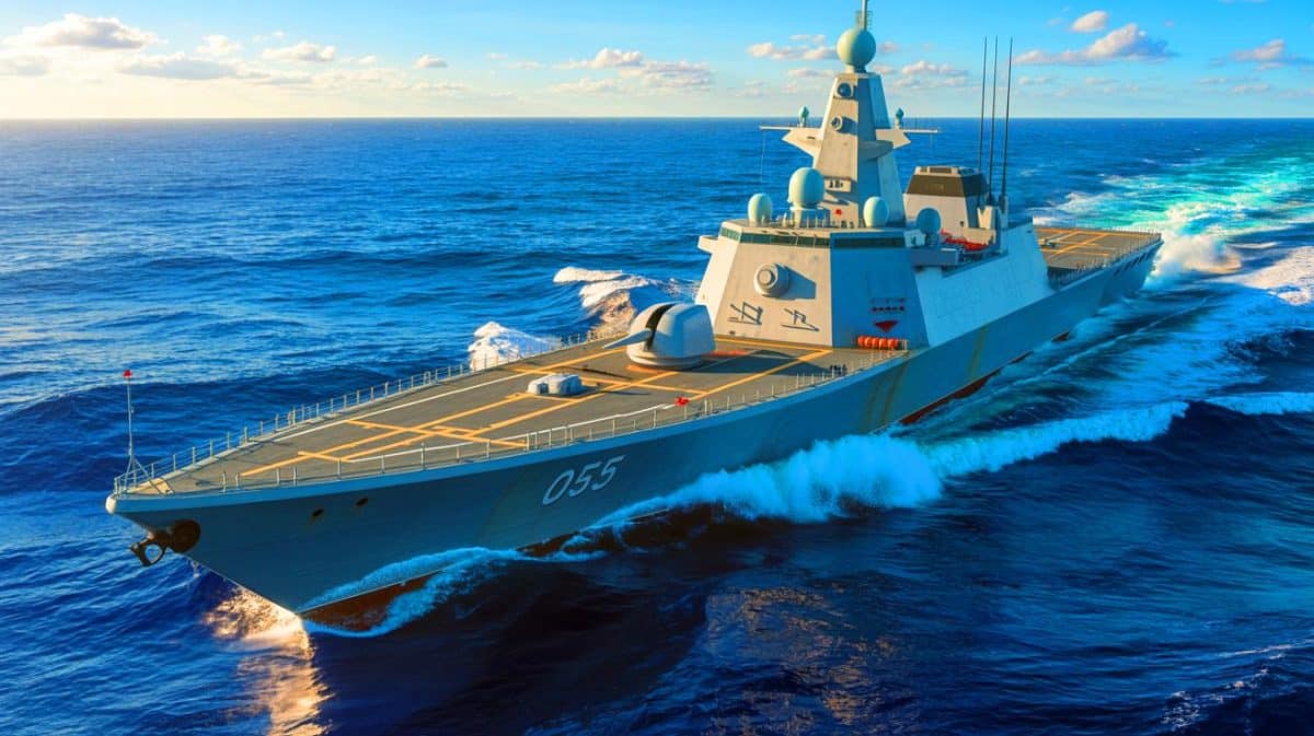 Illustration de l'avancée technologique du croiseur chinois Type-055 dans la marine chinoise.