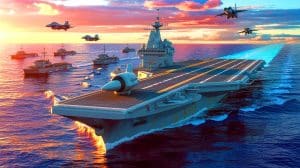 Illustration de la mise en service imminente du porte-avions chinois Fujian, symbole de puissance militaire.