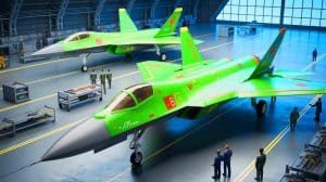 Illustration de chasseurs furtifs J-35 dans un hangar de Shenyang dévoilés par la télévision d'État chinoise.