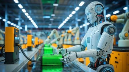Illustration de robots industriels autonomes gérant leur propre énergie dans une chaîne de production.