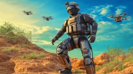 La Chine équipe ses soldats de combinaisons cyborgs : une menace technologique qui inquiète le monde entier Illustration de l'exosquelette militaire chinois équipé de systèmes de lancement de drones.